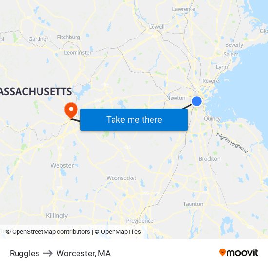 Ruggles to Worcester, MA map