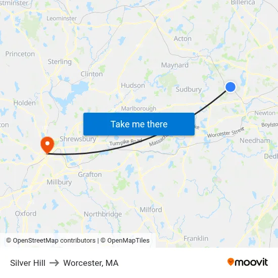 Silver Hill to Worcester, MA map