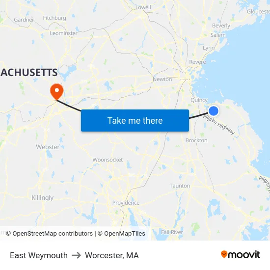 East Weymouth to Worcester, MA map