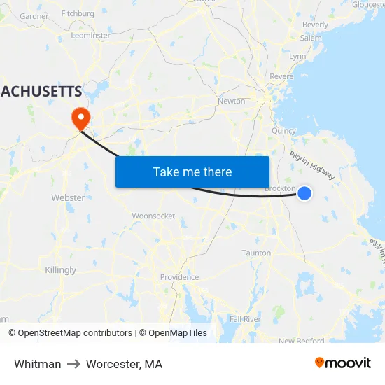 Whitman to Worcester, MA map