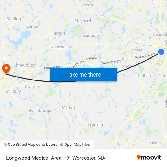 Longwood Medical Area to Worcester, MA map