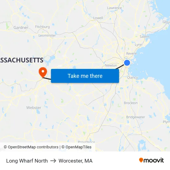 Long Wharf North to Worcester, MA map
