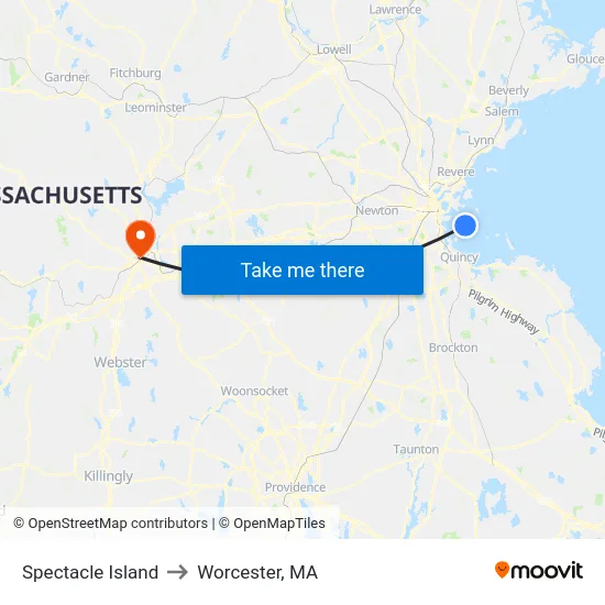 Spectacle Island to Worcester, MA map