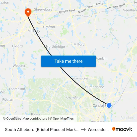 South Attleboro (Bristol Place at Market Basket) to Worcester, MA map