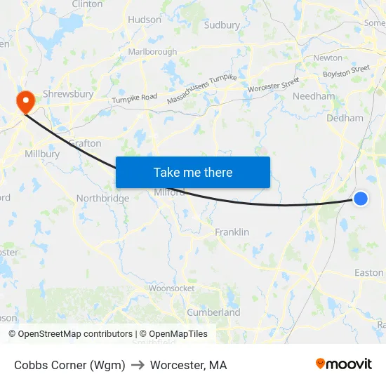 Cobbs Corner (Wgm) to Worcester, MA map