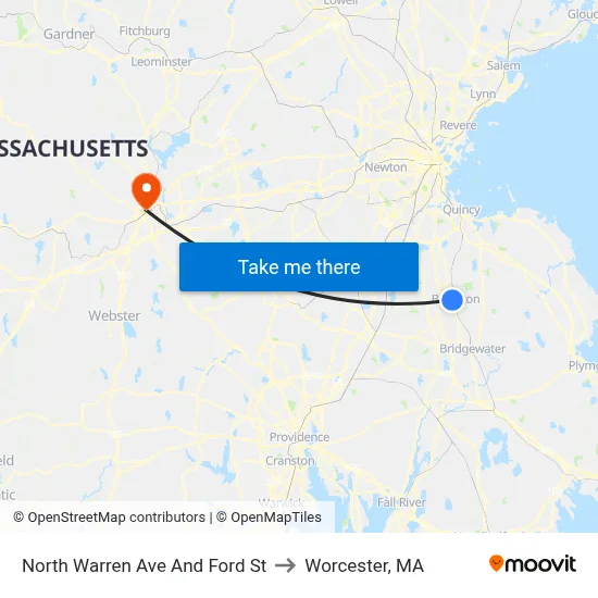 North Warren Ave And Ford St to Worcester, MA map