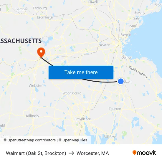 Walmart (Oak St, Brockton) to Worcester, MA map