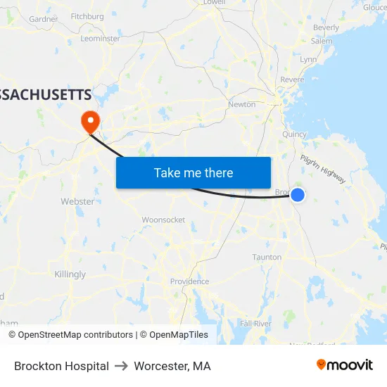 Brockton Hospital to Worcester, MA map
