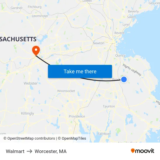 Walmart to Worcester, MA map