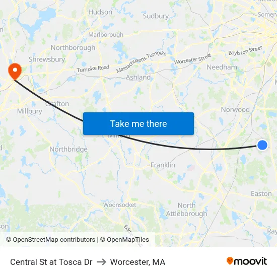 Central St at Tosca Dr to Worcester, MA map