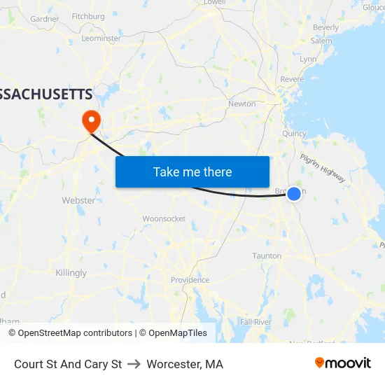 Court St And Cary St to Worcester, MA map