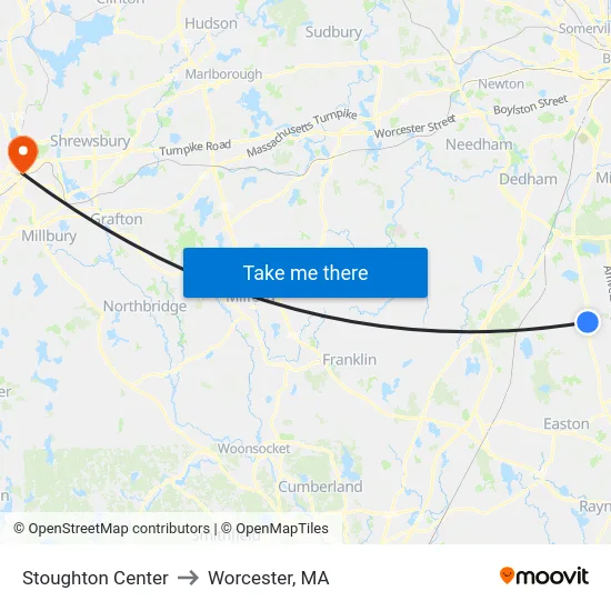 Stoughton Center to Worcester, MA map