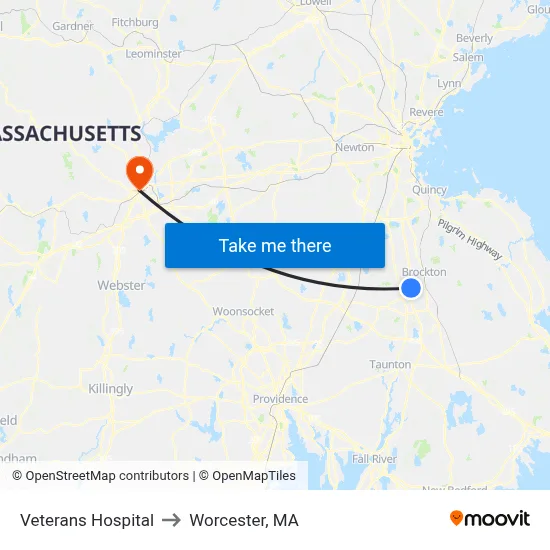 Veterans Hospital to Worcester, MA map