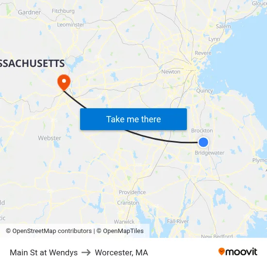 Main St at Wendys to Worcester, MA map