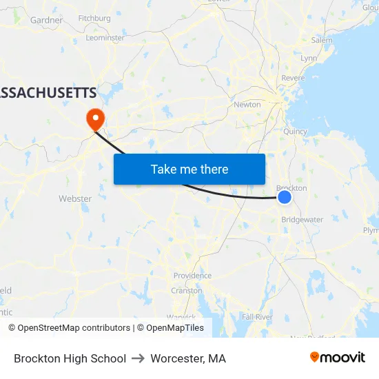 Brockton High School to Worcester, MA map