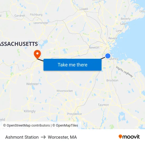 Ashmont Station to Worcester, MA map
