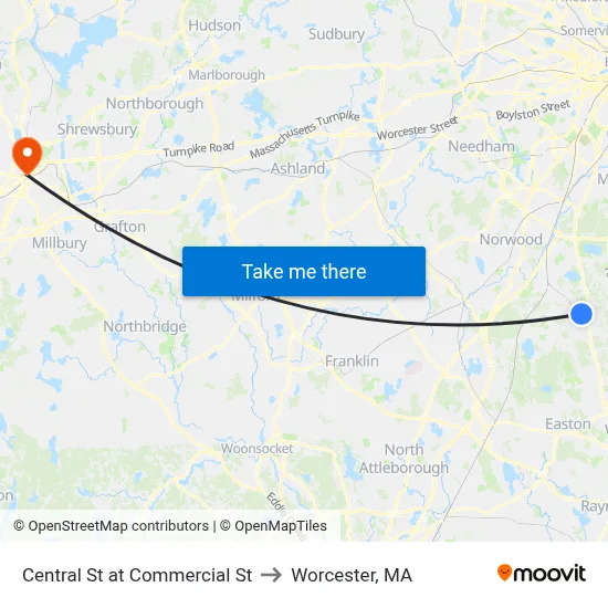 Central St at Commercial St to Worcester, MA map