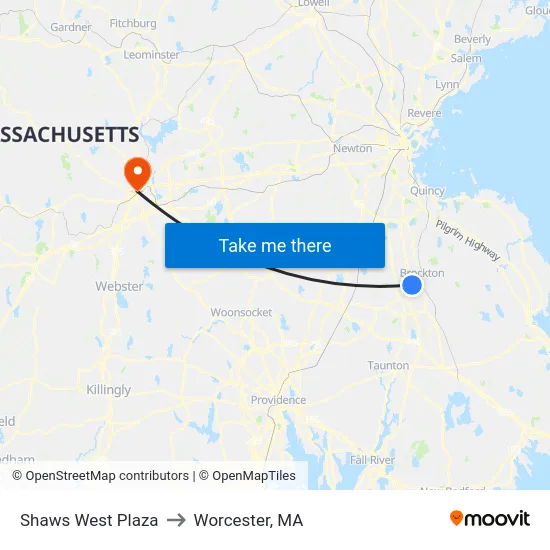 Shaws West Plaza to Worcester, MA map
