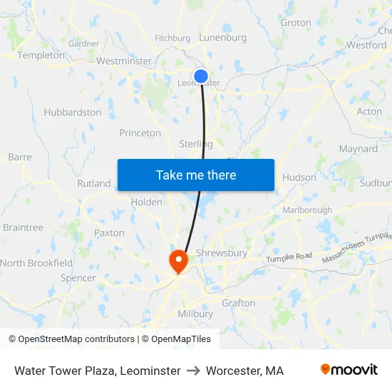 Water Tower Plaza, Leominster to Worcester, MA map