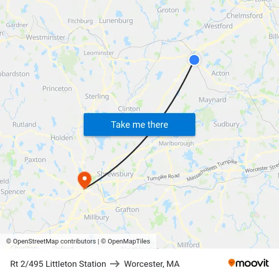 Rt 2/495 Littleton Station to Worcester, MA map