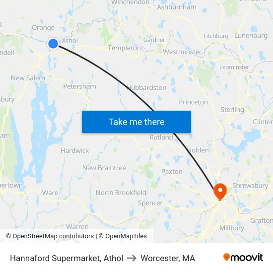 Hannaford Supermarket, Athol to Worcester, MA map