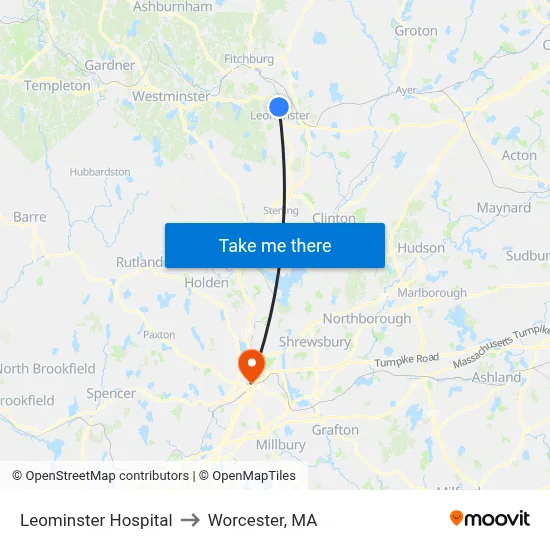 Leominster Hospital to Worcester, MA map