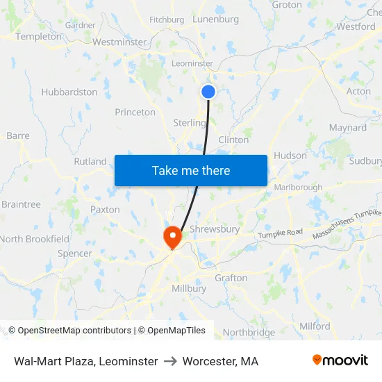 Wal-Mart Plaza, Leominster to Worcester, MA map