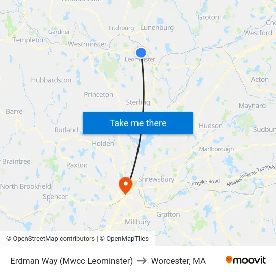 Erdman Way (Mwcc Leominster) to Worcester, MA map