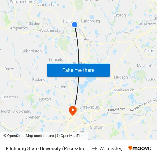 Fitchburg State University (Recreation Center) to Worcester, MA map