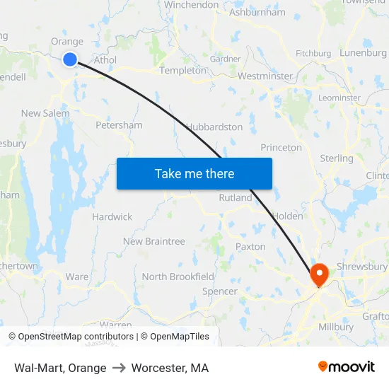 Wal-Mart, Orange to Worcester, MA map