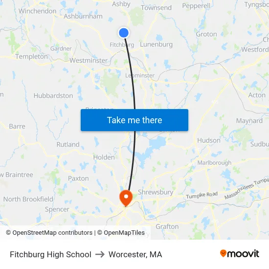 Fitchburg High School to Worcester, MA map