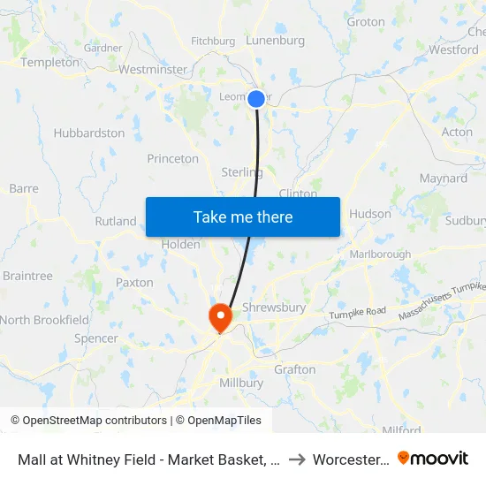 Mall at Whitney Field - Market Basket, Leominster to Worcester, MA map