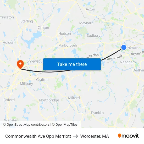 Commonwealth Ave Opp Marriott to Worcester, MA map