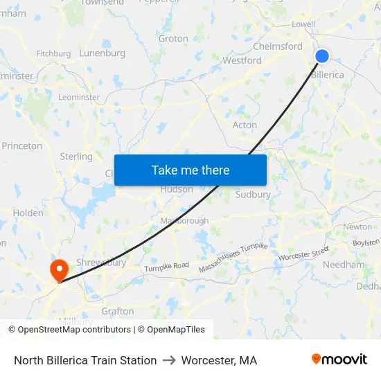 North Billerica Train Station to Worcester, MA map