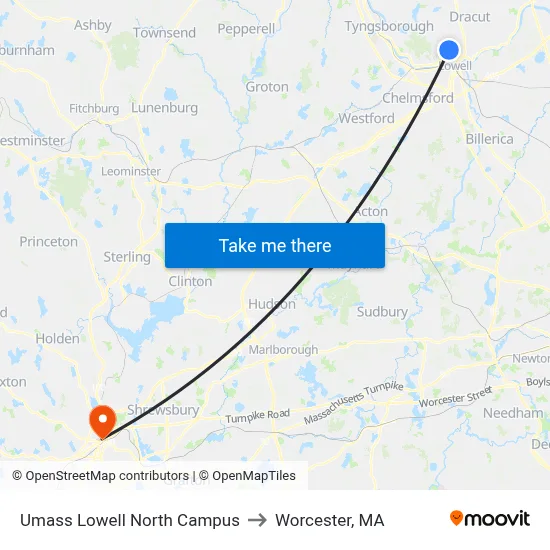 Umass Lowell North Campus to Worcester, MA map
