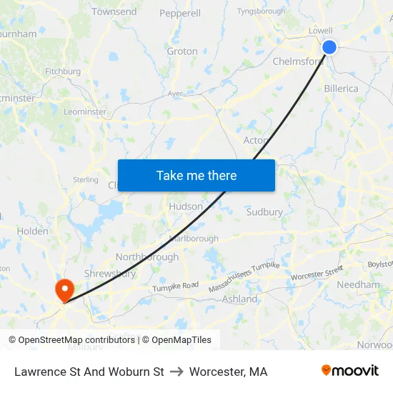 Lawrence St And Woburn St to Worcester, MA map