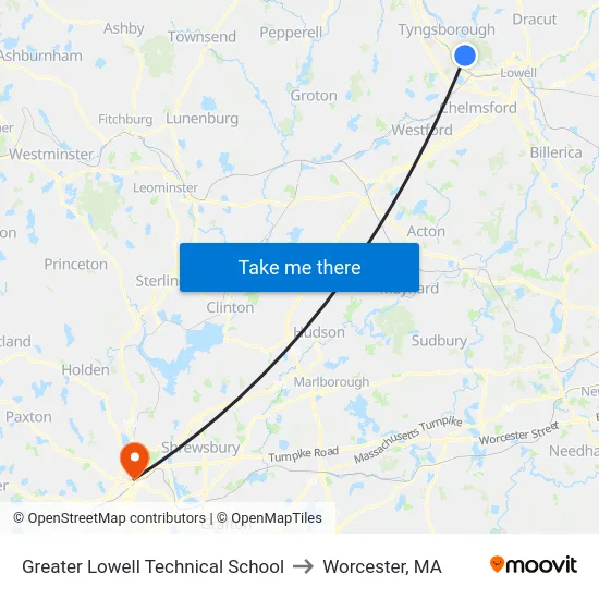 Greater Lowell Technical School to Worcester, MA map