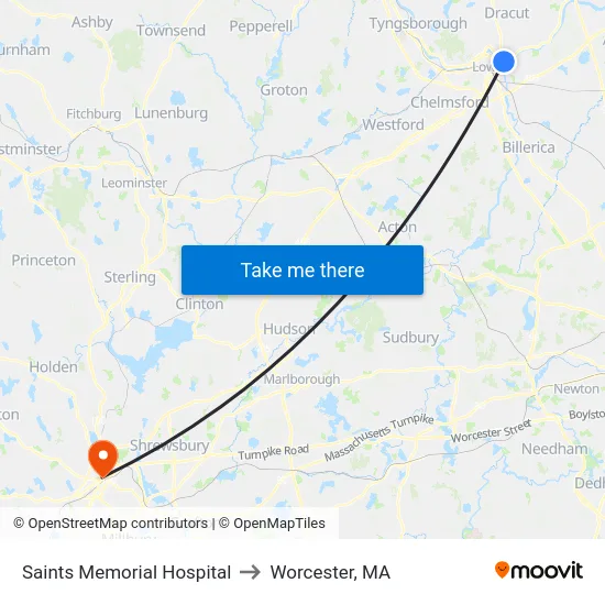 Saints Memorial Hospital to Worcester, MA map