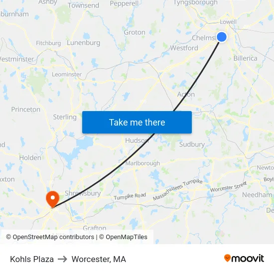 Kohls Plaza to Worcester, MA map