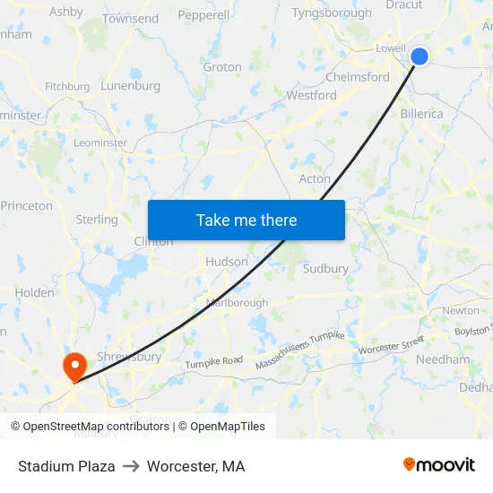 Stadium Plaza to Worcester, MA map