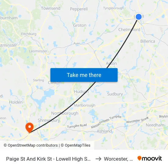 Paige St And Kirk St - Lowell High School to Worcester, MA map