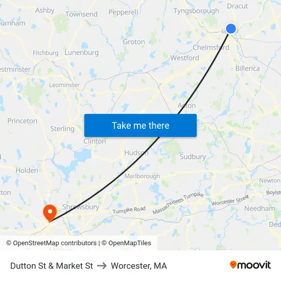 Dutton St & Market St to Worcester, MA map