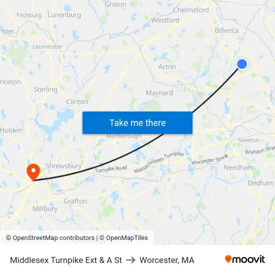 Middlesex Turnpike Ext & A St to Worcester, MA map
