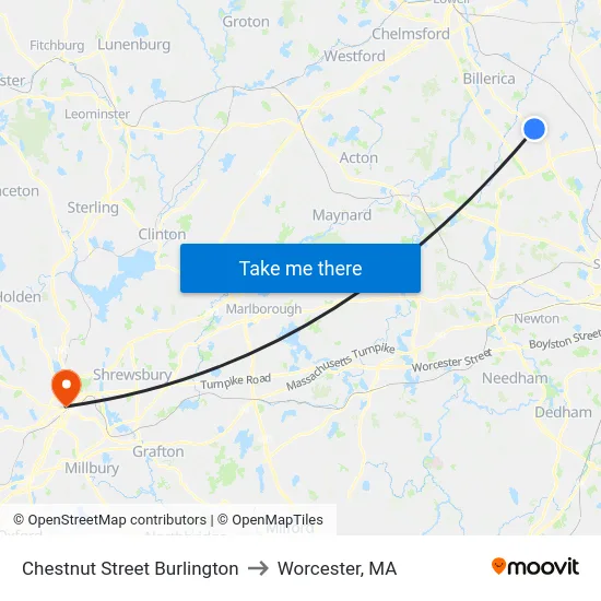 Chestnut Street Burlington to Worcester, MA map