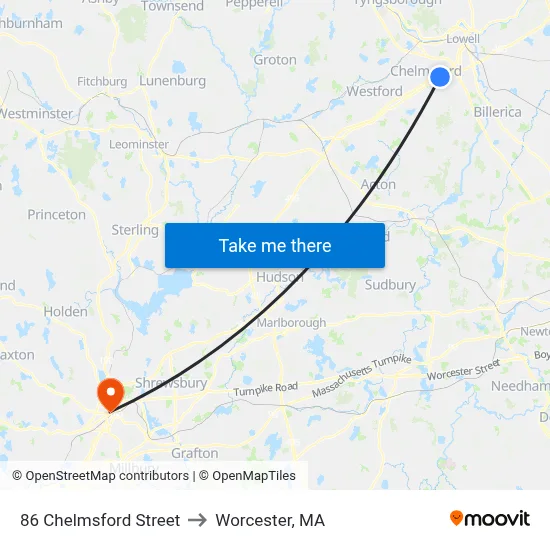 86 Chelmsford Street to Worcester, MA map