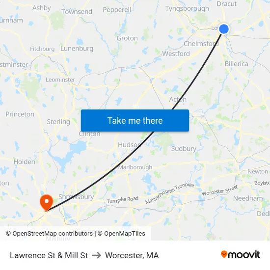 Lawrence St & Mill St to Worcester, MA map