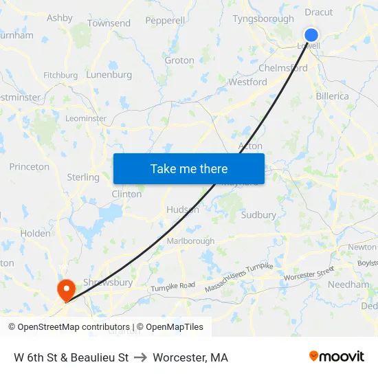 W 6th St & Beaulieu St to Worcester, MA map