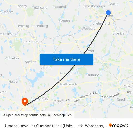 Umass Lowell at Cumnock Hall (University Ave) to Worcester, MA map