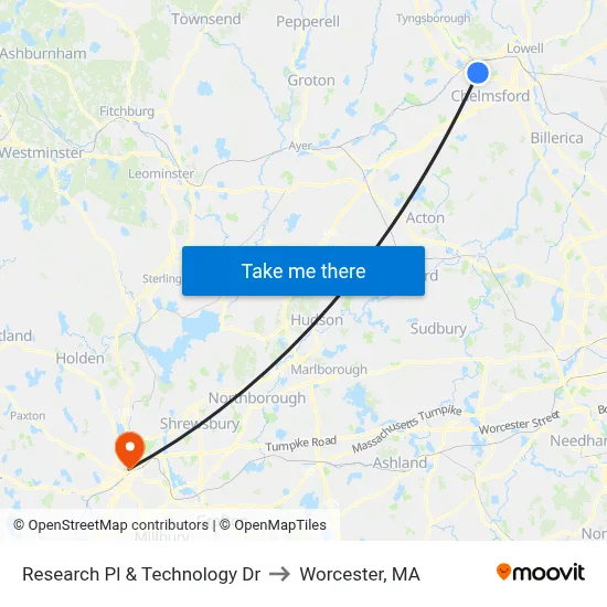 Research Pl & Technology Dr to Worcester, MA map