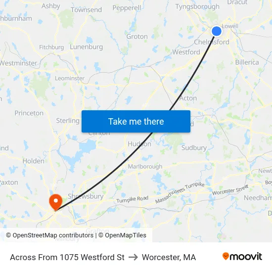Across From 1075 Westford St to Worcester, MA map
